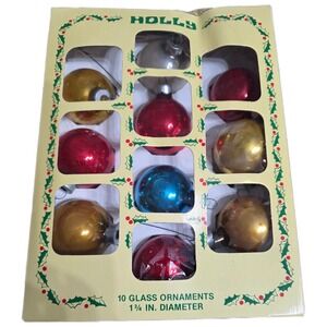 Vintage Holly Glass Christmas Ornaments Shiny Red Gold Blue Silver